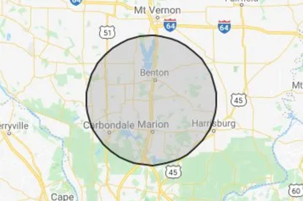 A map of a city with a circle around it.