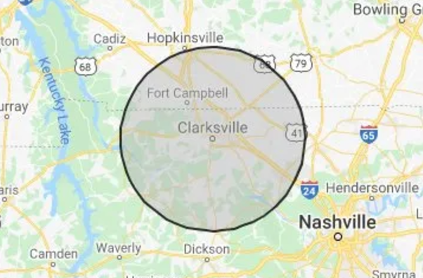 A map showing a circle around clarksville and nashville