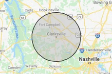 A map showing a circle around clarksville and nashville