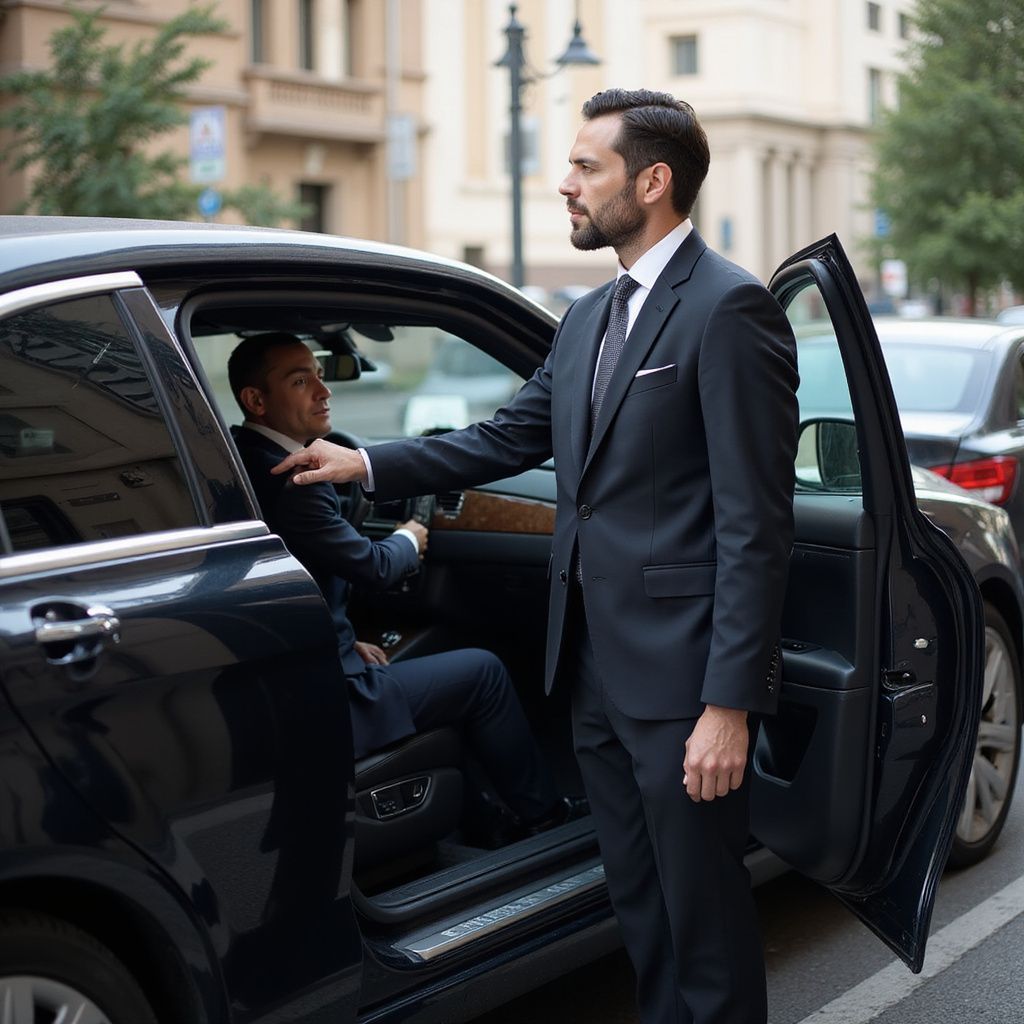Man in suit gestures towards another man in suit exiting black car. Street setting.