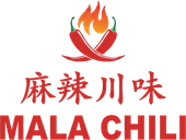 Red logo with chili flame and Chinese text above “MALA CHILI” in bold red letters