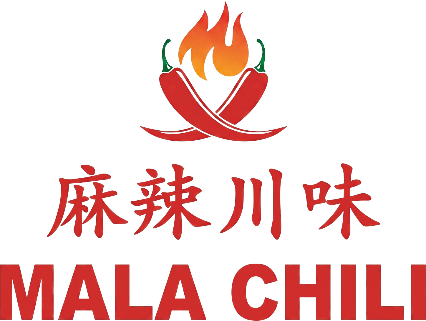 Red logo with chili flame and Chinese text above “MALA CHILI” in bold red letters