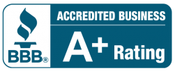 A blue sign that says accredited business a+ rating