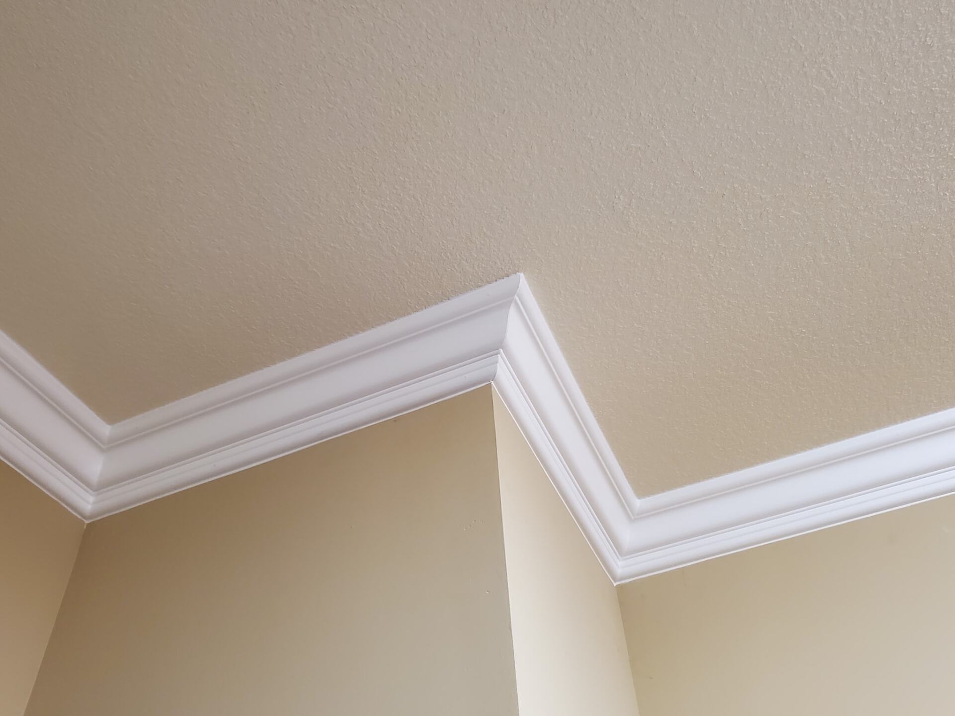 A close up of a white molding on a ceiling in a room.
