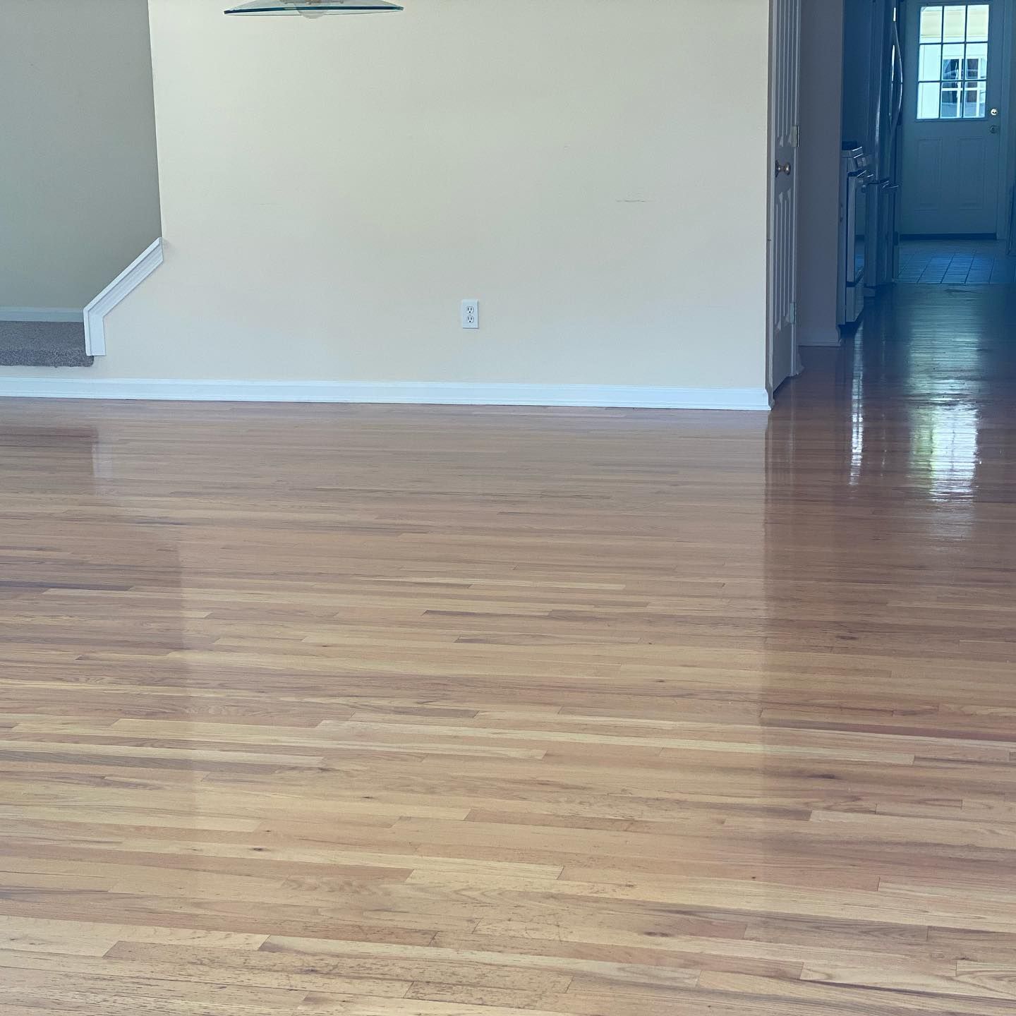 Light-colored hardwood floors reflecting light in a room with beige walls and a doorway leading to another area.
