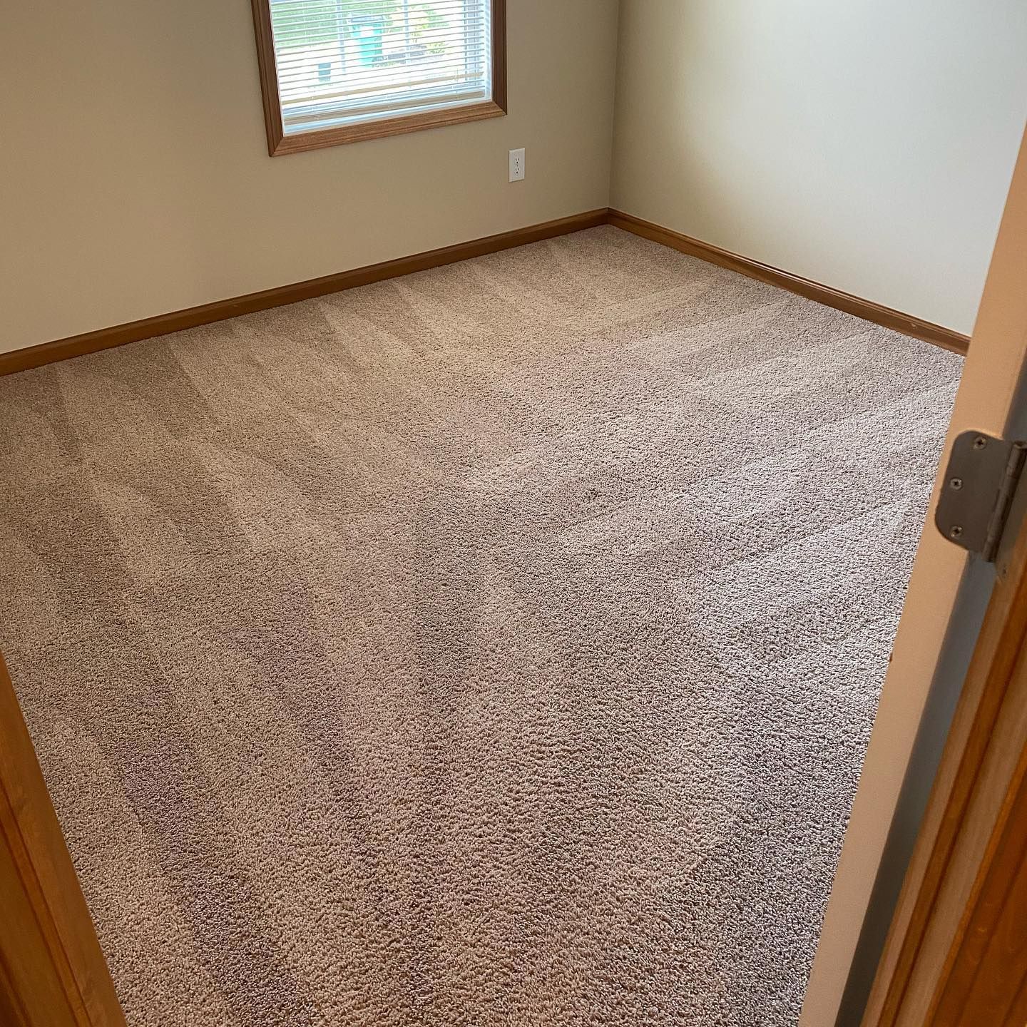 A view through a doorway into an empty bedroom with beige carpet, light tan walls, and wood trim around the floor and window.