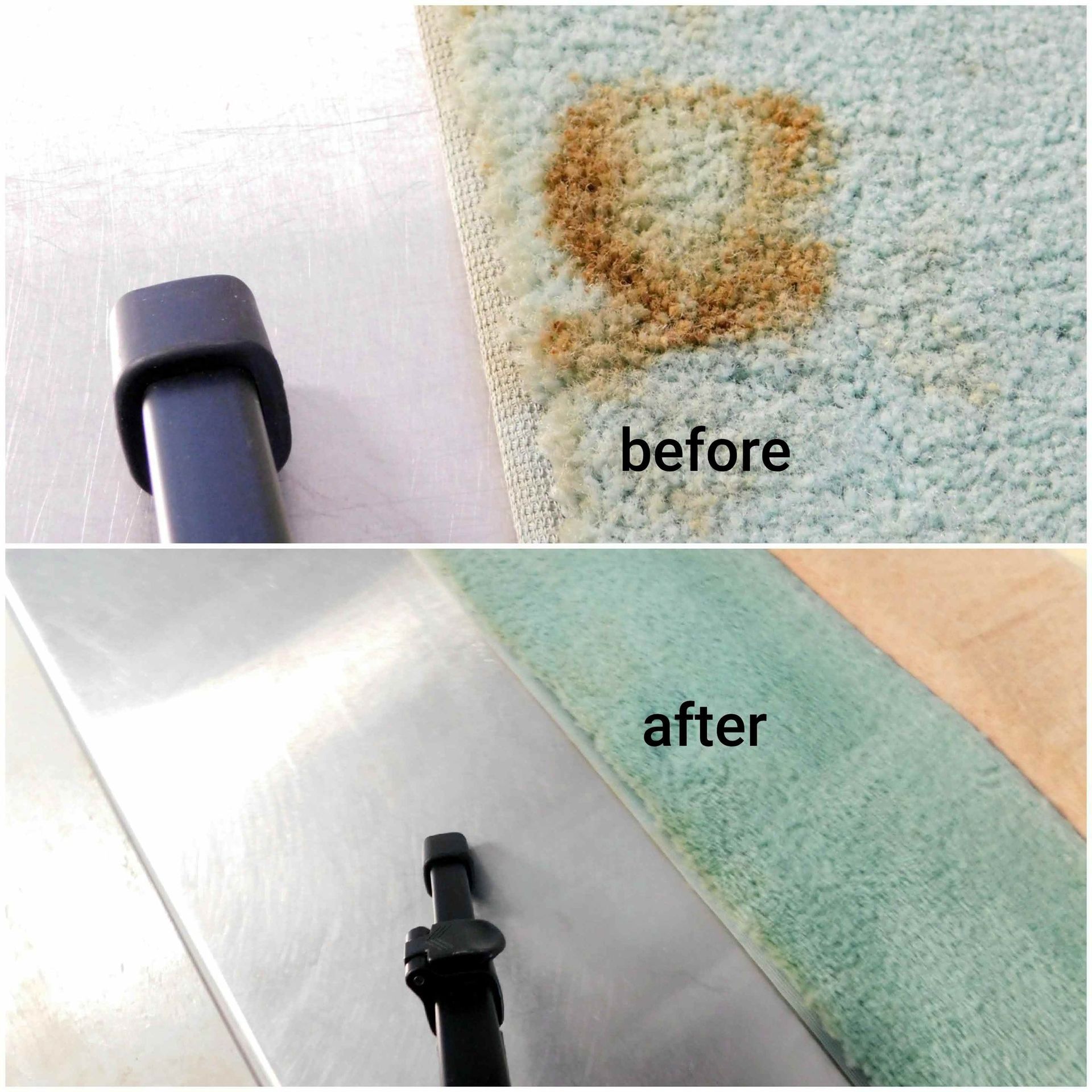 A split-screen comparison showing a light blue carpet with a brown stain before cleaning and a clean surface after.