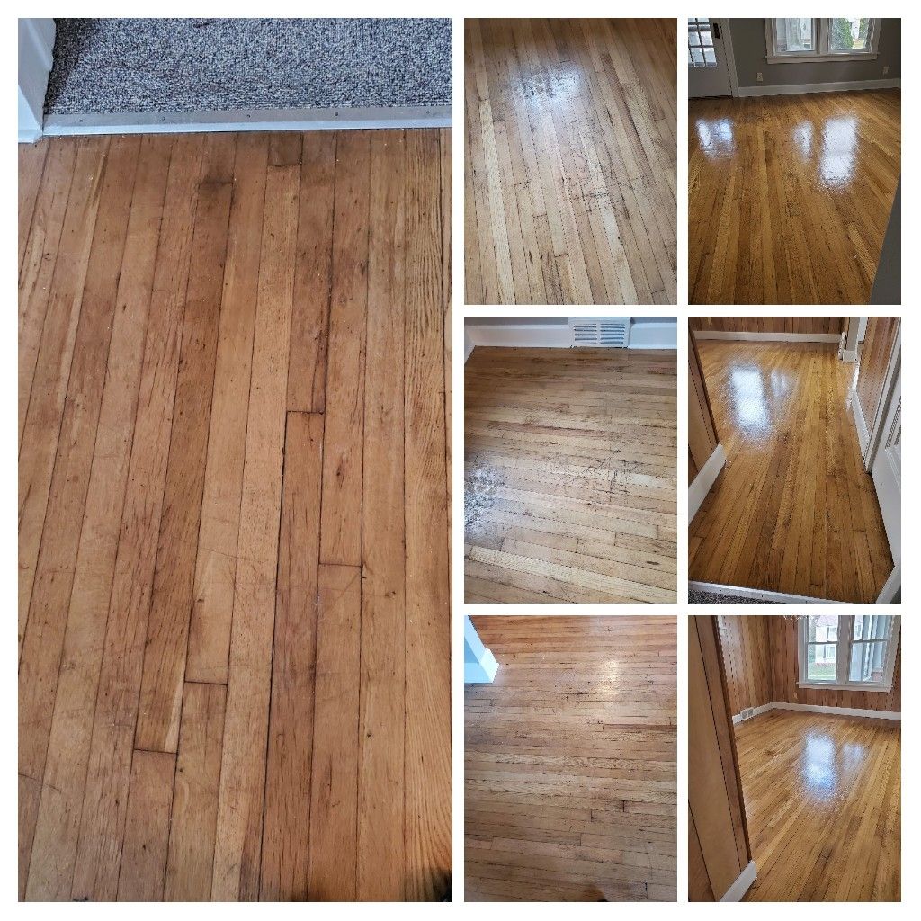 A collage showing wood floor panels before and after being sanded and refinished to a glossy, golden-brown finish.