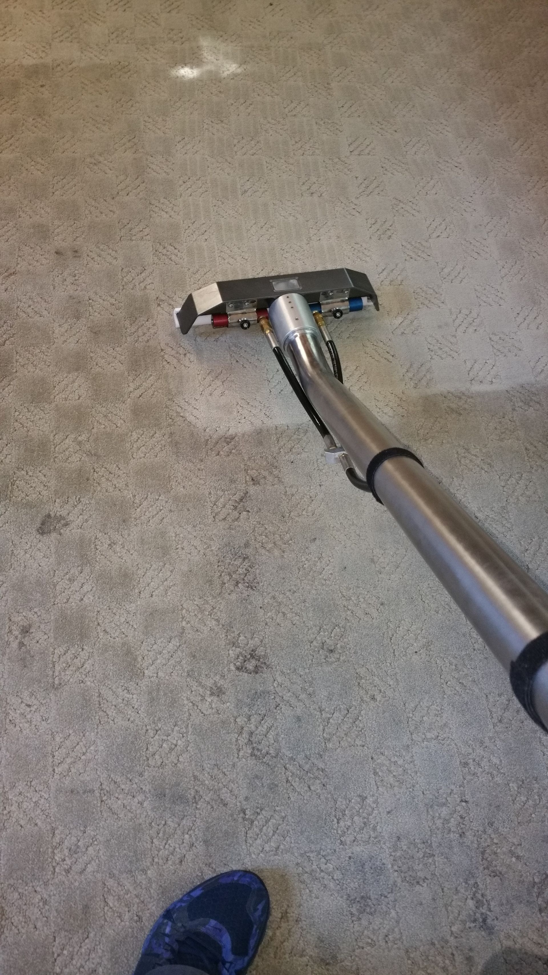 Carpet being steam cleaned in a living room, leaving clean streaks behind the machine.
