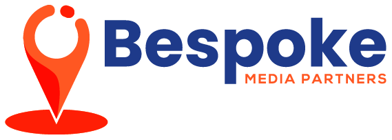 Logo with an orange location pin and the words "Bespoke Media Partners" in blue and orange.