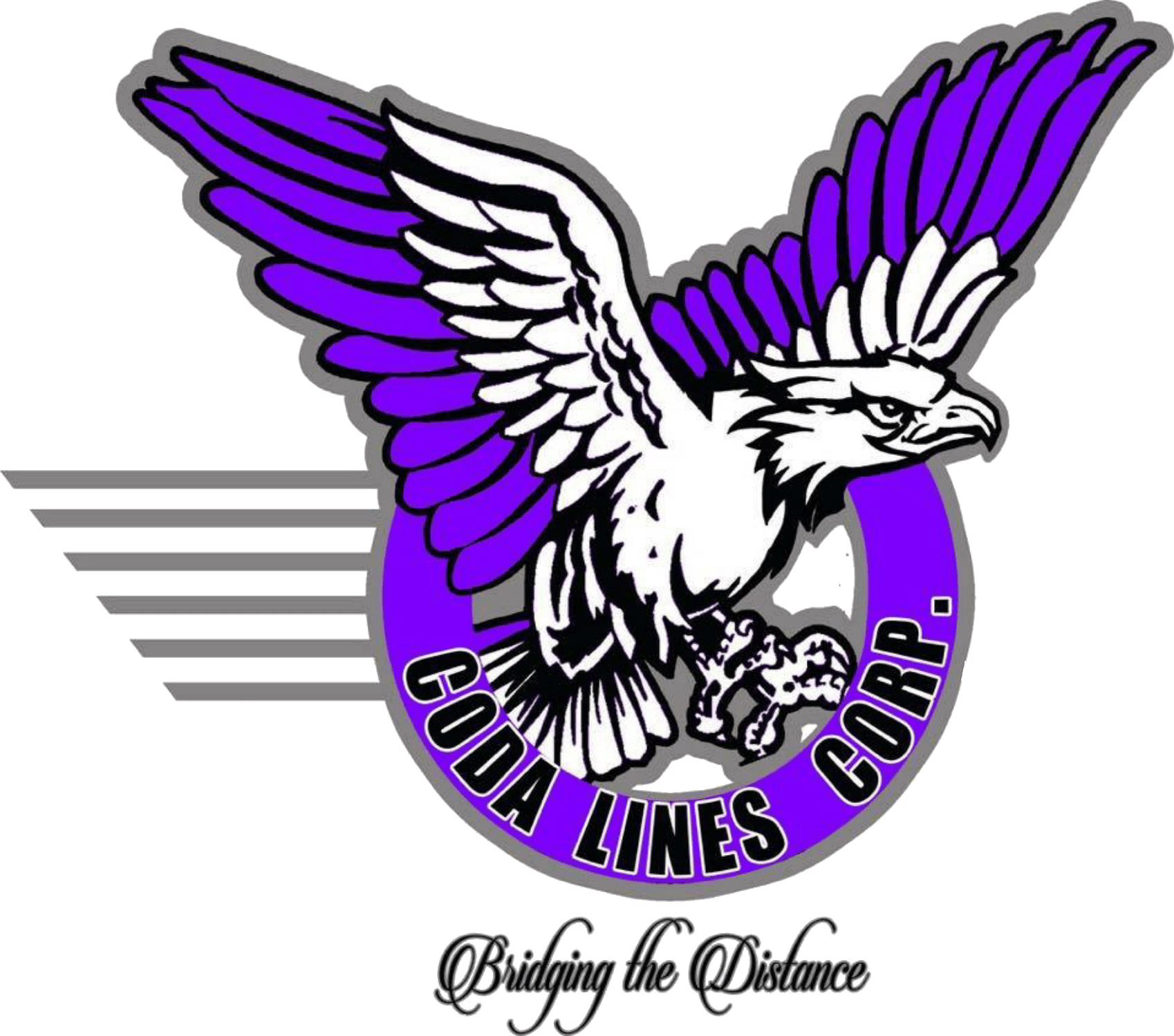 A purple and white logo for a company called buda lines corp