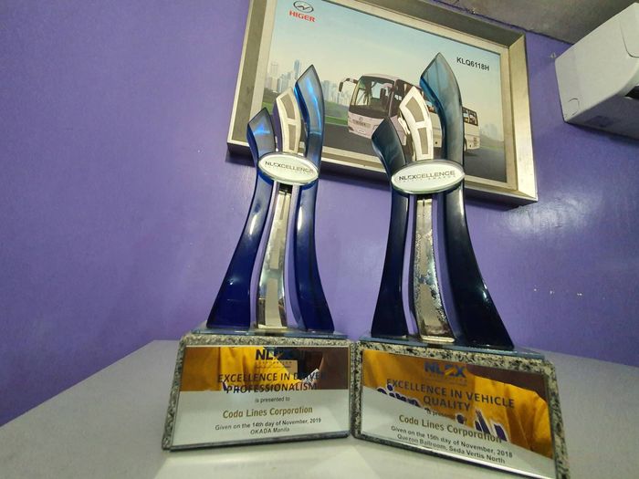 Two trophies are sitting on a table in front of a purple wall.