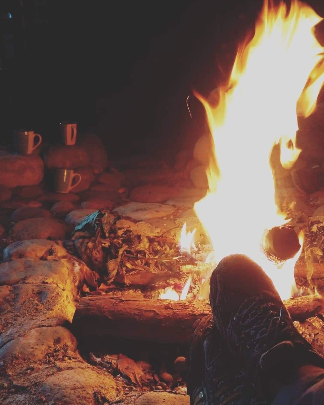 A person is standing in front of a campfire at night.