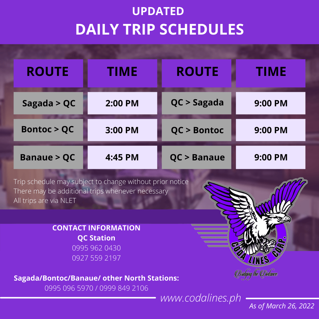 A purple and white advertisement for daily trip schedules