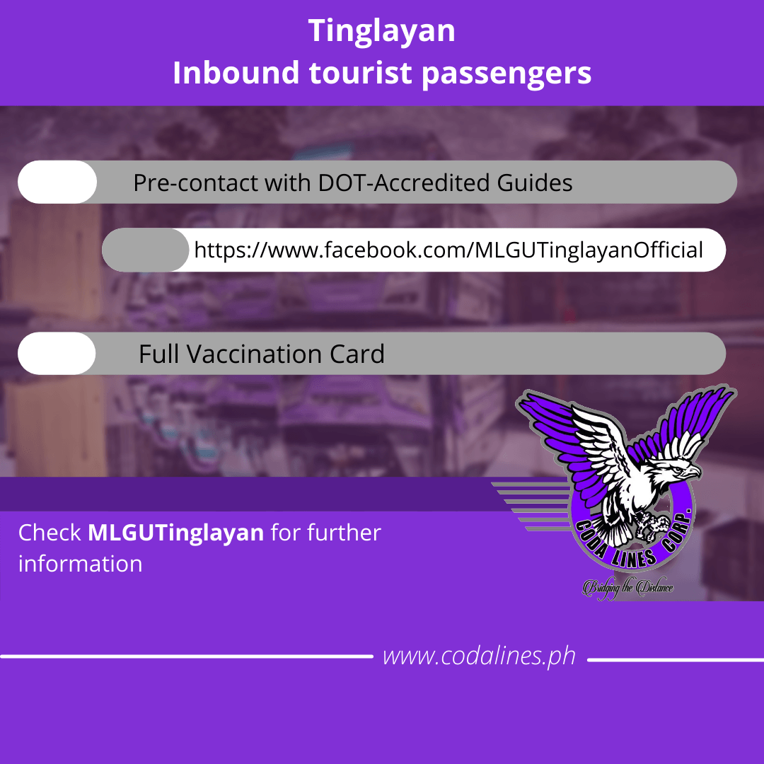 A purple poster with a bird on it that says tinglayan inbound tourist passengers