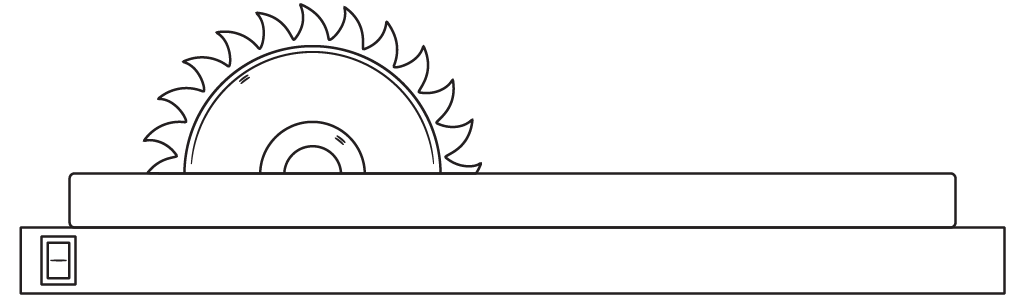 A table saw with a circular blade, viewed from the side. A table saw with a circular blade, viewed from the side.