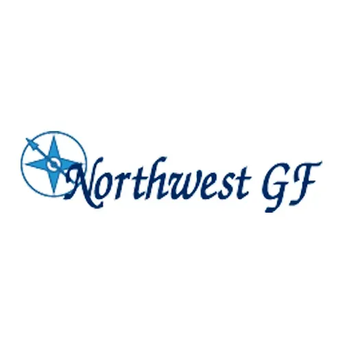 A blue logo for northwest gf with a compass on a white background.