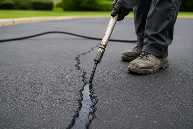 Worker sealing a crack in dark asphalt pavement with a repair tool
