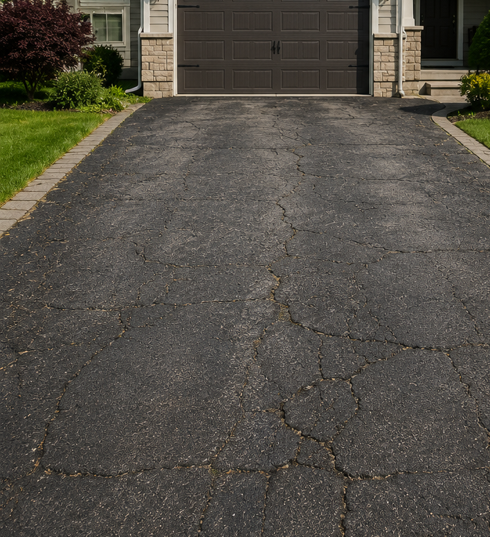 Cracked asphalt driveway leading to a closed garage door beside a suburban house.