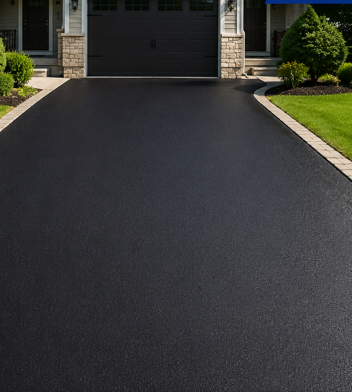 Freshly paved dark asphalt driveway leading to a garage, bordered by stone edging and green lawns.