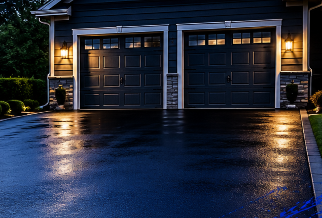 Two-car garage with warm lights reflecting on a wet driveway at night