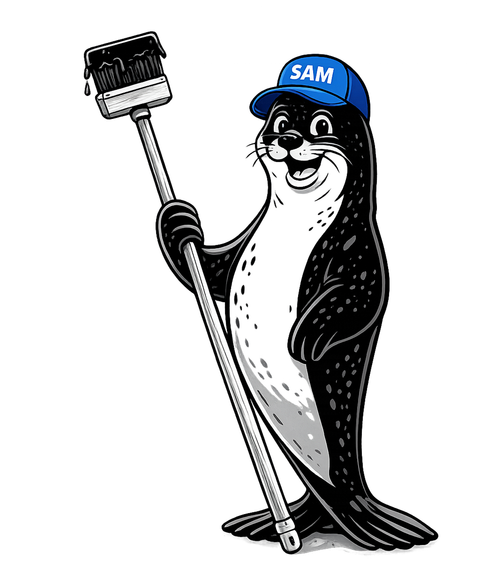 Cartoon penguin in a blue SAM cap holding a selfie stick with a phone, smiling.