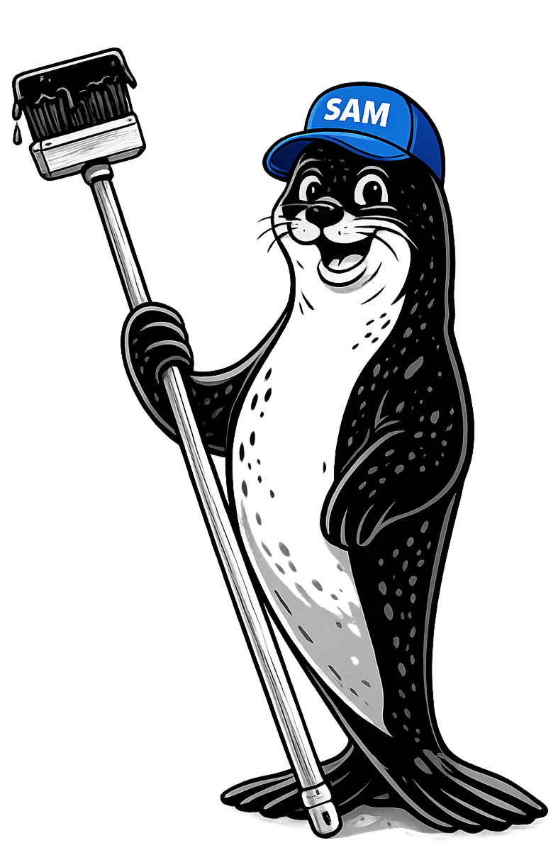 Cartoon seal wearing a blue SAM cap, holding a selfie stick with a camera.
