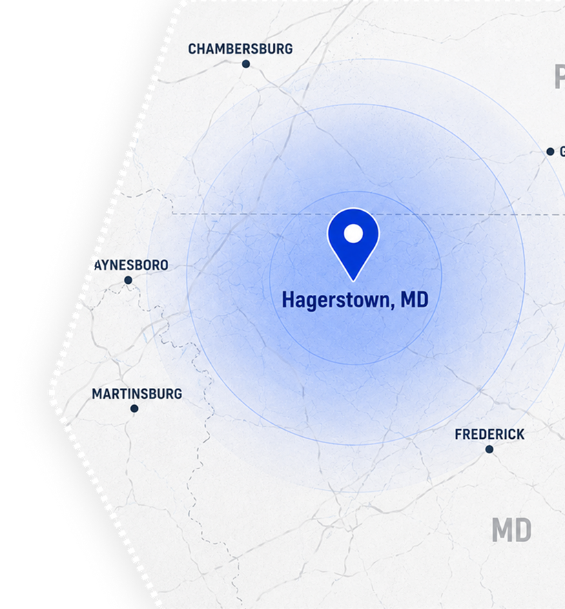 Map centered on Hagerstown, MD with surrounding nearby towns labeled.