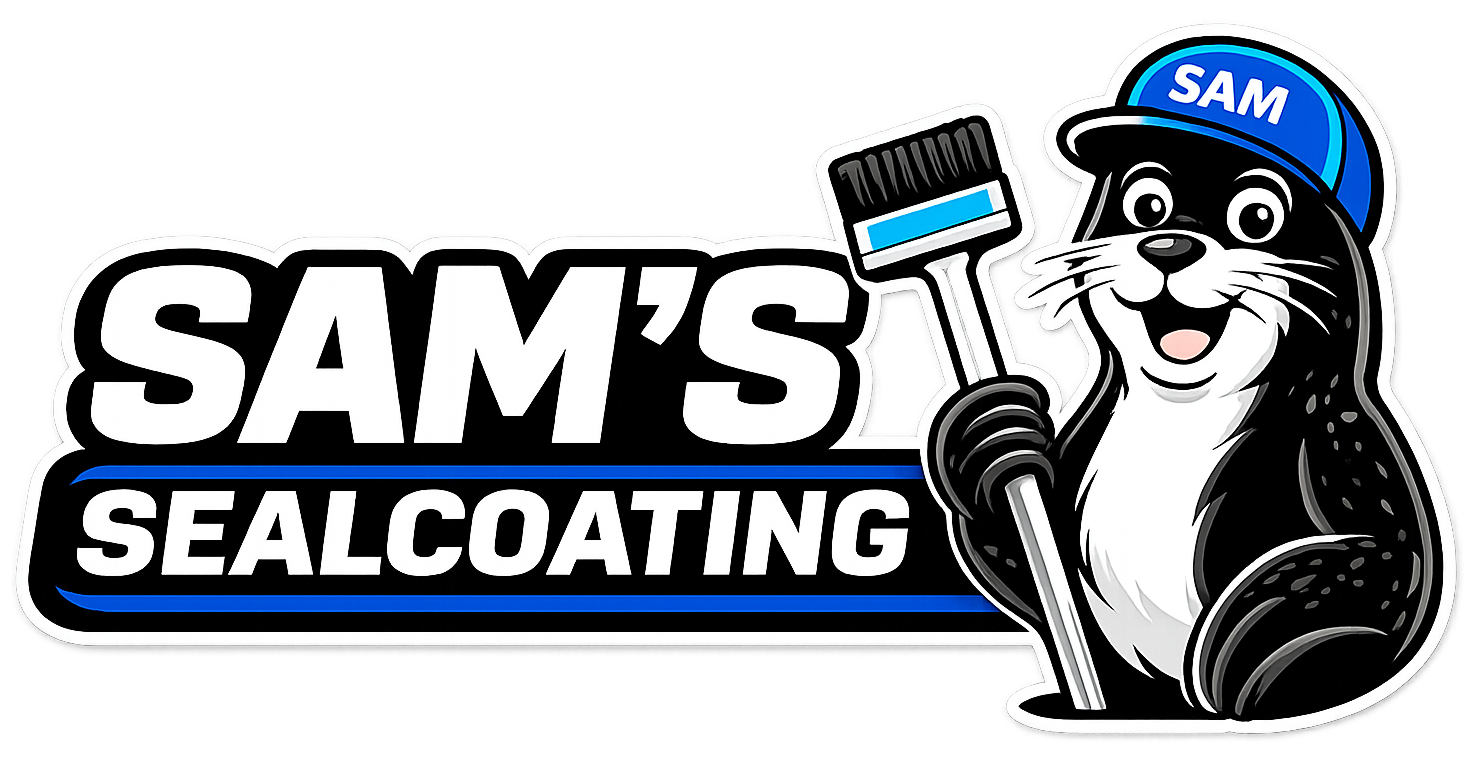 SAM’S SEALCOATING logo with a cartoon seal holding a squeegee on a black-and-blue background