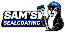 SAM&rsquo;S SEALCOATING logo with a cartoon seal holding a squeegee on a black-and-blue background
