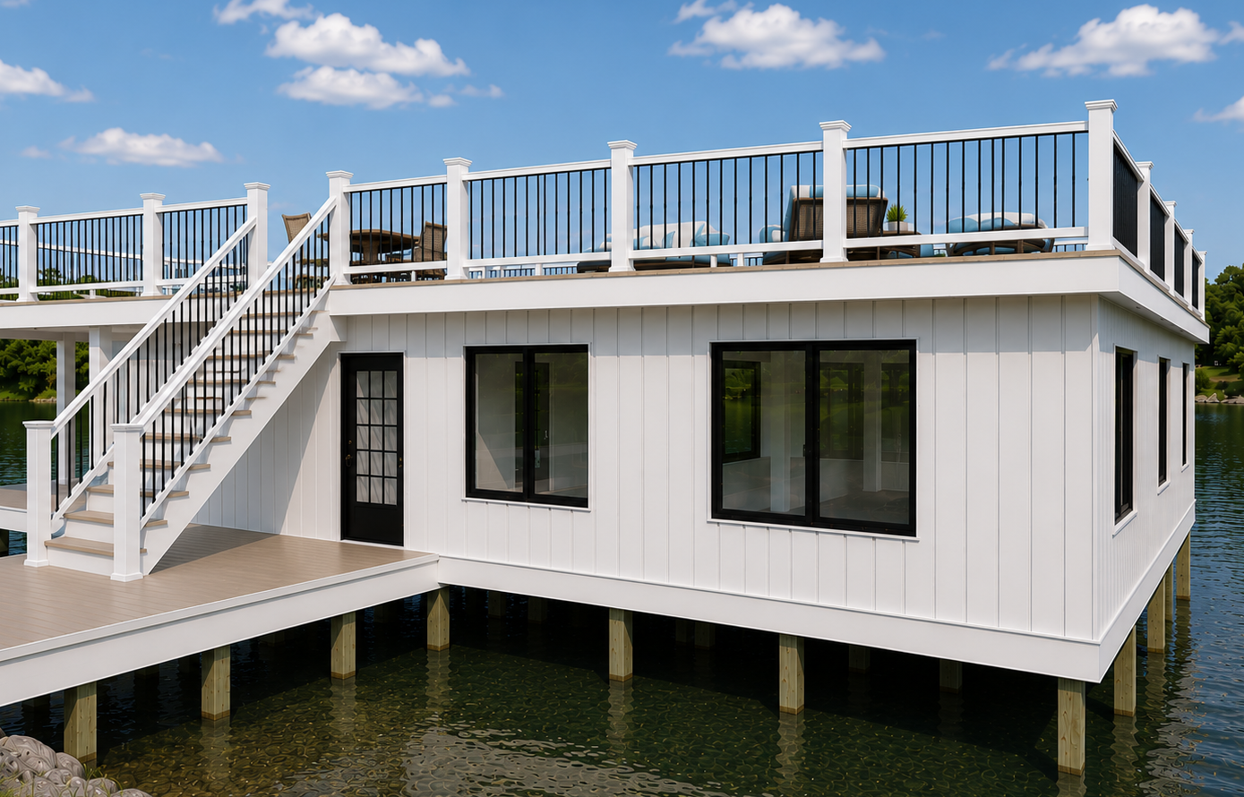 Modern white waterfront house with deck, stairs, and large windows above water