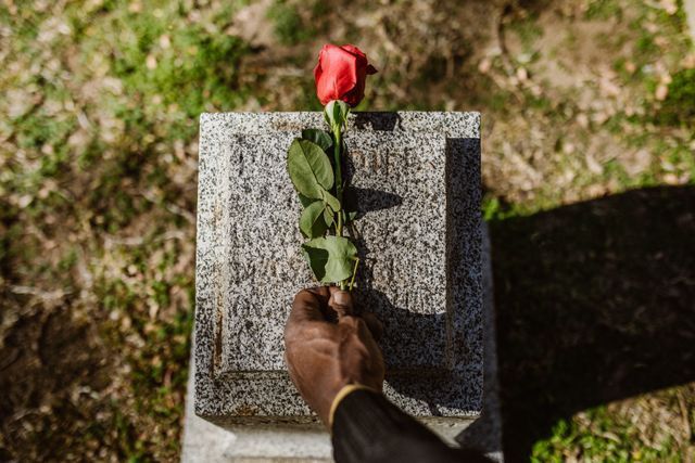 Person placing a rose on a grave in West Grove, PA cemetery, representing remembrance and compassionate funeral home and cremations services
