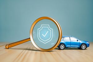 Blue toy car under a magnifying glass beside a shield icon on a wooden surface