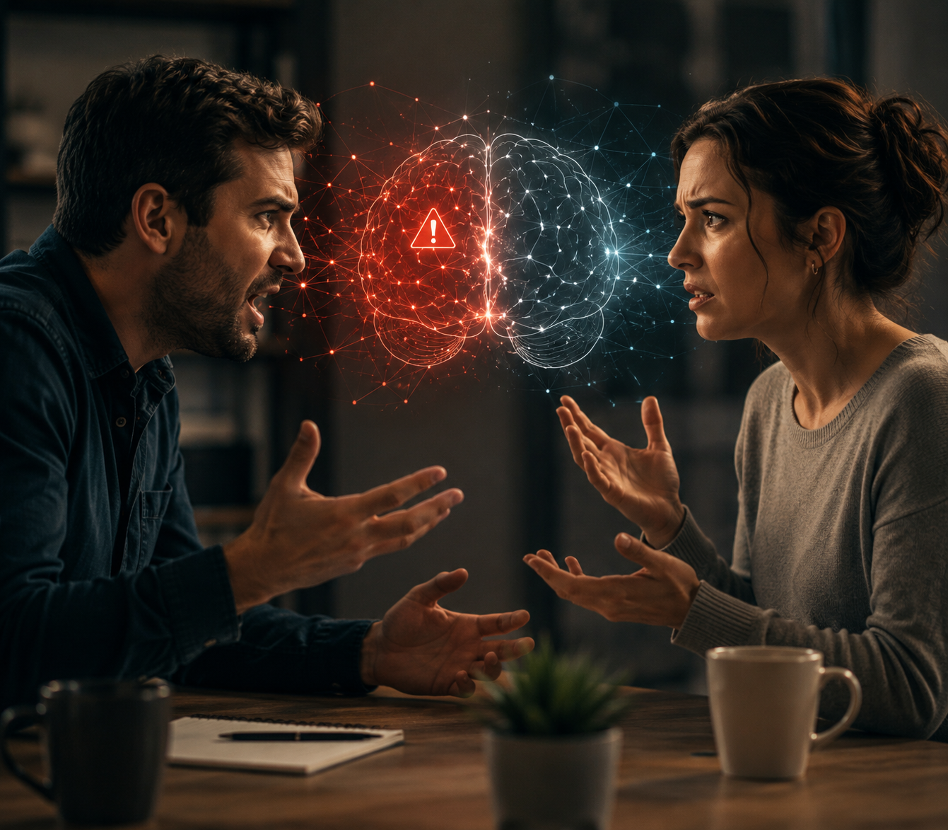 Two people in a tense discussion across a table, with a glowing red-and-blue digital brain split between them.