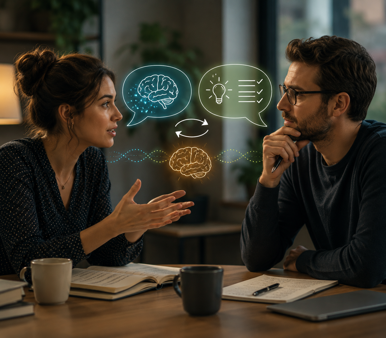 Two people arguing across a table with glowing chat bubbles between them in a warm café setting