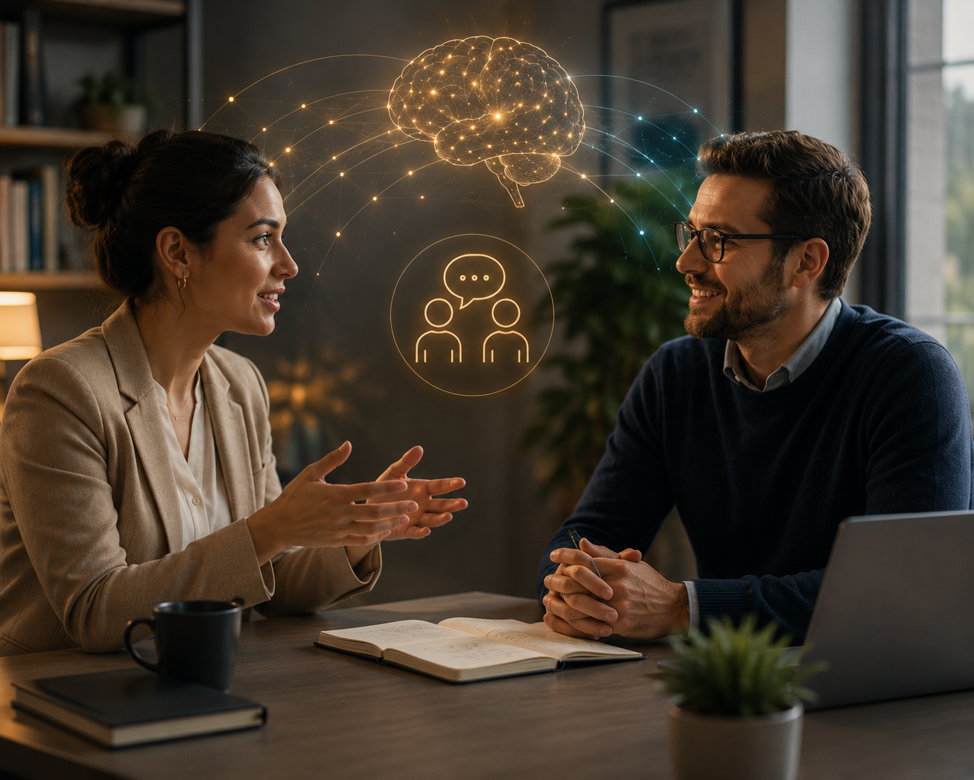 Two people talking at a desk with laptop and coffee, with glowing chat and brain icons in the background.