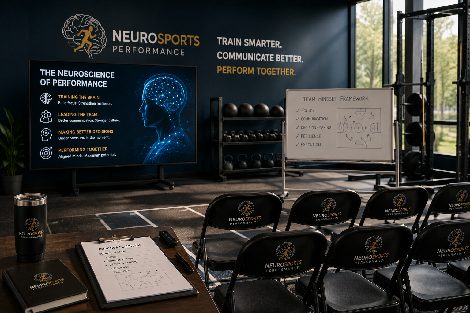 Professional NeuroSports Performance training facility with a neuroscience presentation display, whiteboard, athletic equipment, and seating arranged for coach education, team workshops, and sports performance consulting.