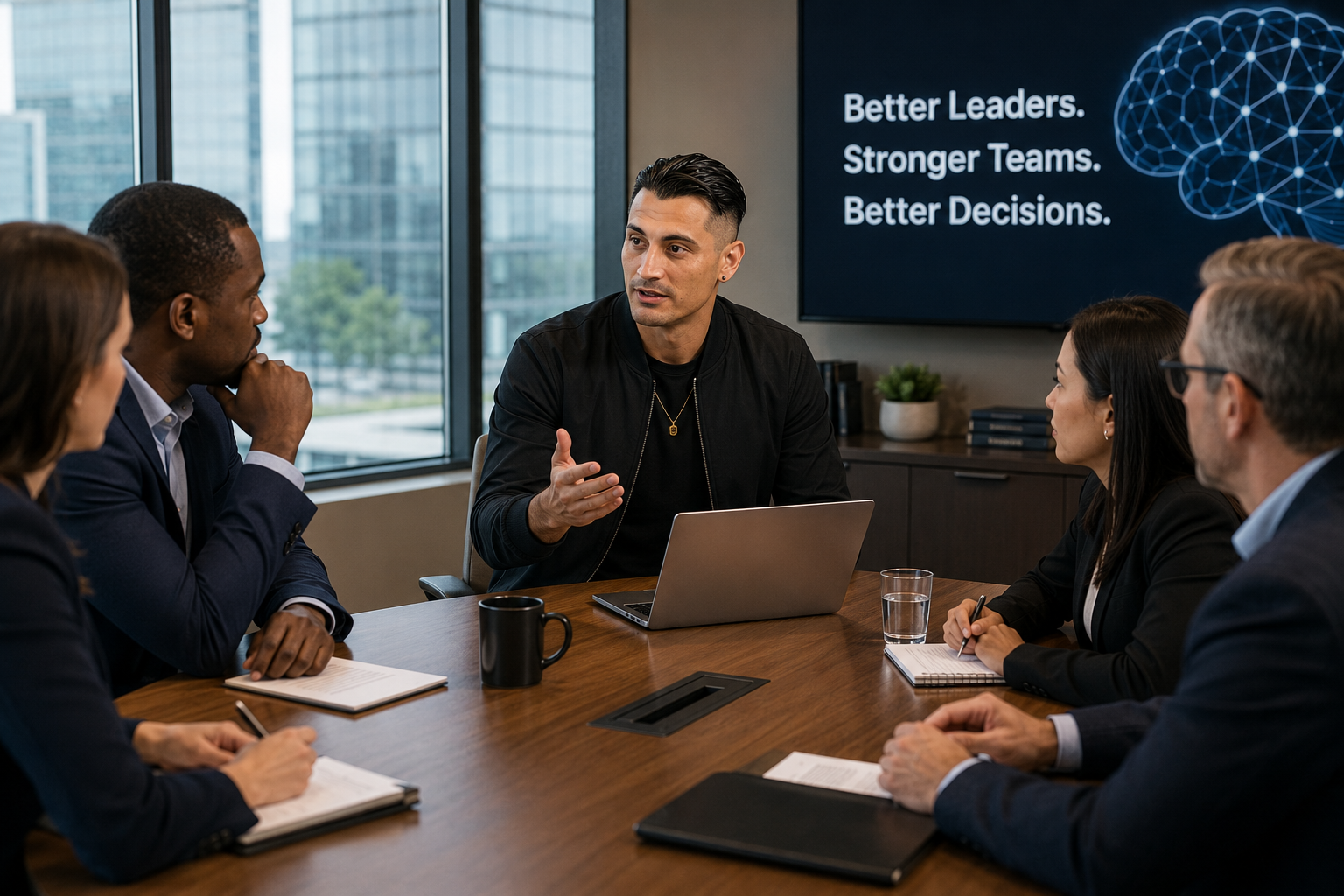 Dr. Zac Yanis leading a neuroscience-based leadership and decision-making workshop with executives in a corporate conference room.