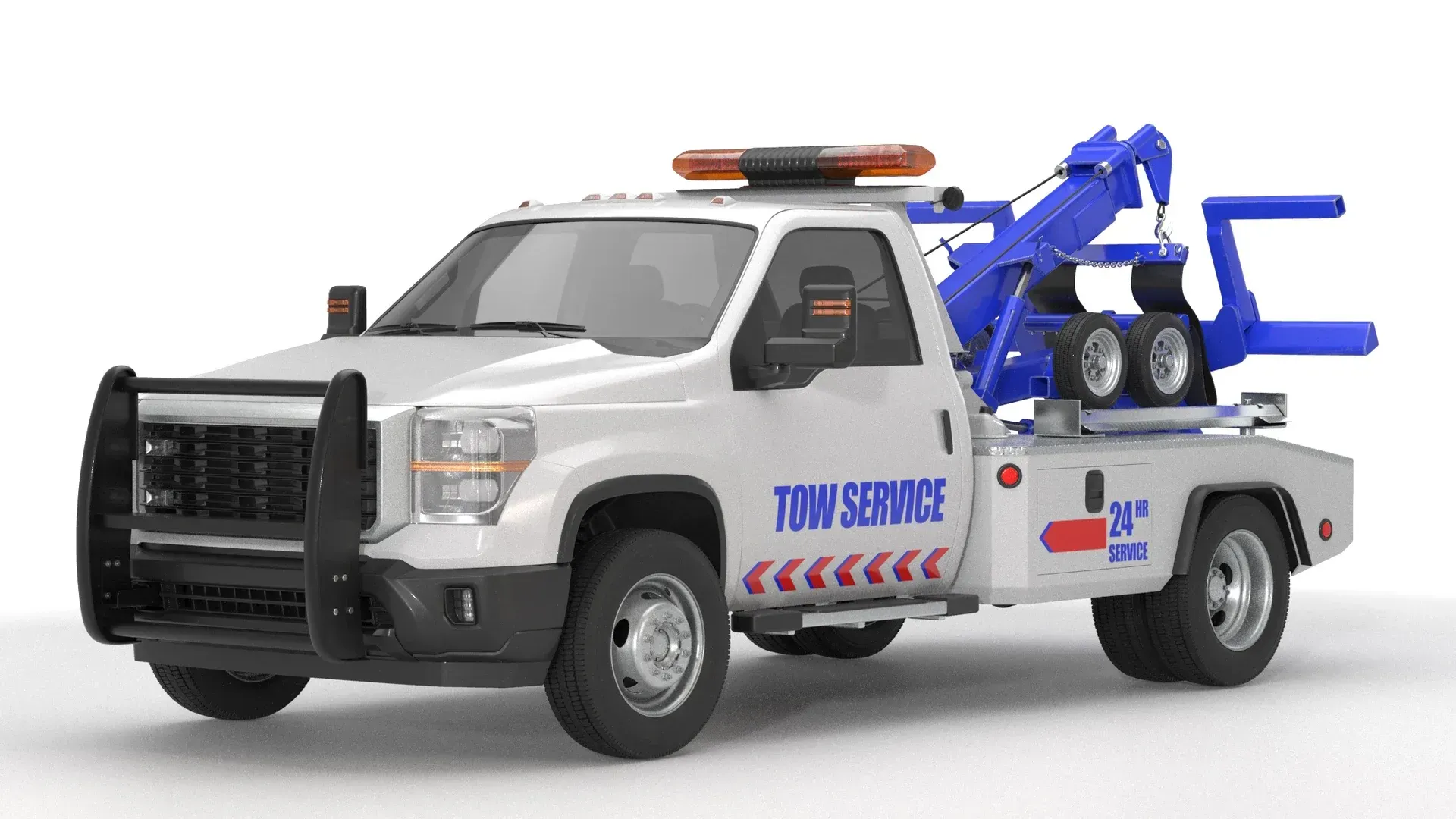 Silver tow truck with blue lifting arm, orange light bar, and “TOW SERVICE” lettering on the side.