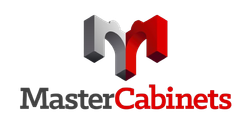 Master Cabinets logo: gray and red