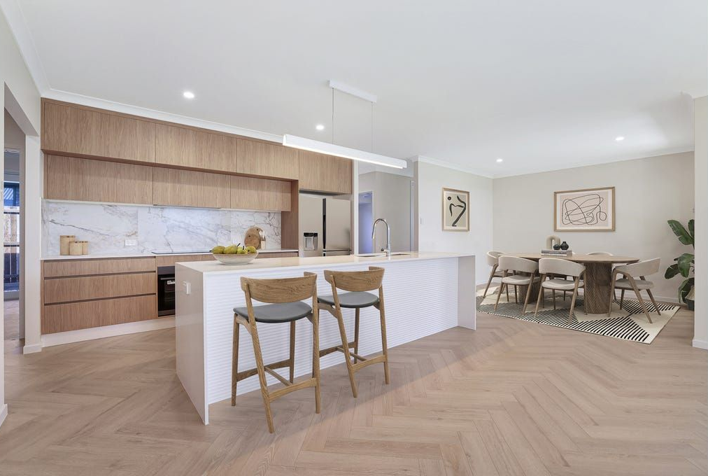 Bright Modern Kitchen and Dining Area and Herringbone Floor — Master Cabinets Bundaberg in Kensington, QLD