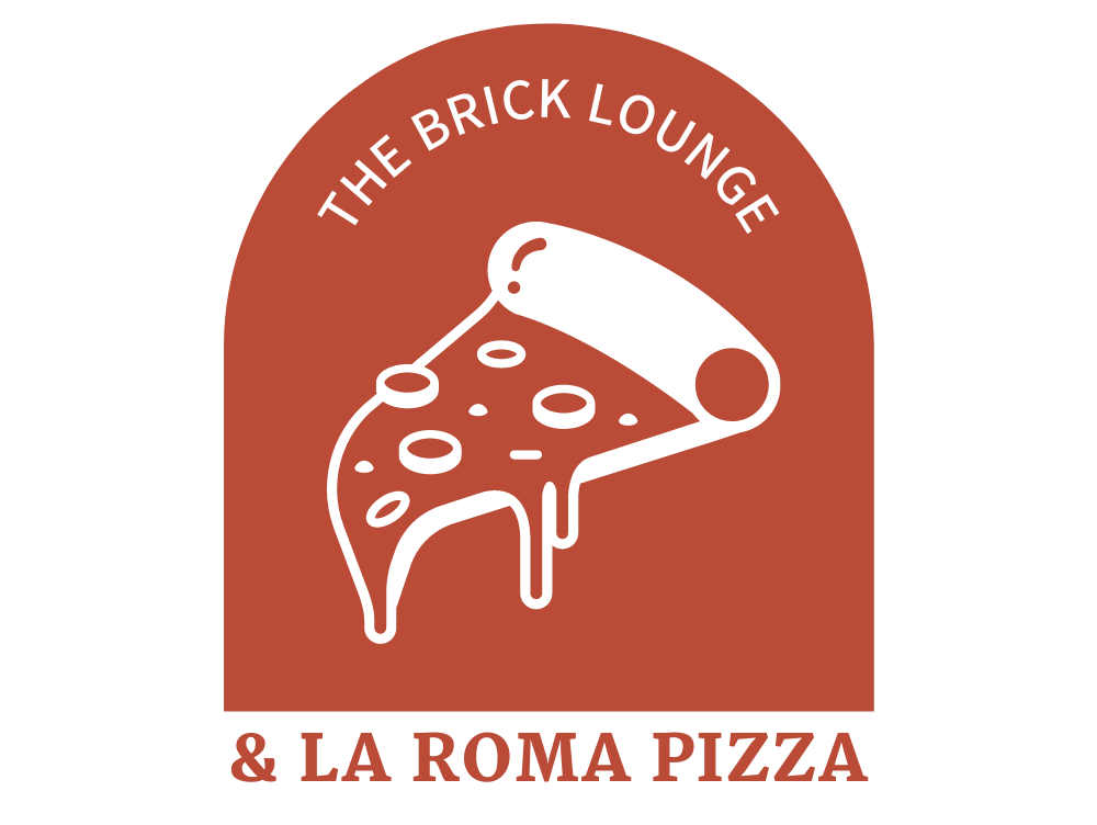 A logo for the brick lounge and la roma pizza