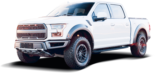 White lifted pickup truck with red accents on a white background