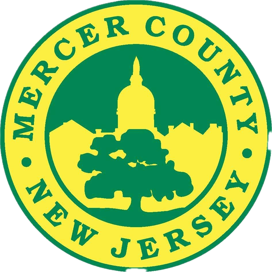 Mercer County, New Jersey seal in green and yellow with a capitol dome and tree silhouette