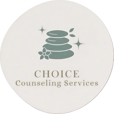 Choice Counseling Services logo with stacked stones, flower, and sparkles on a light background
