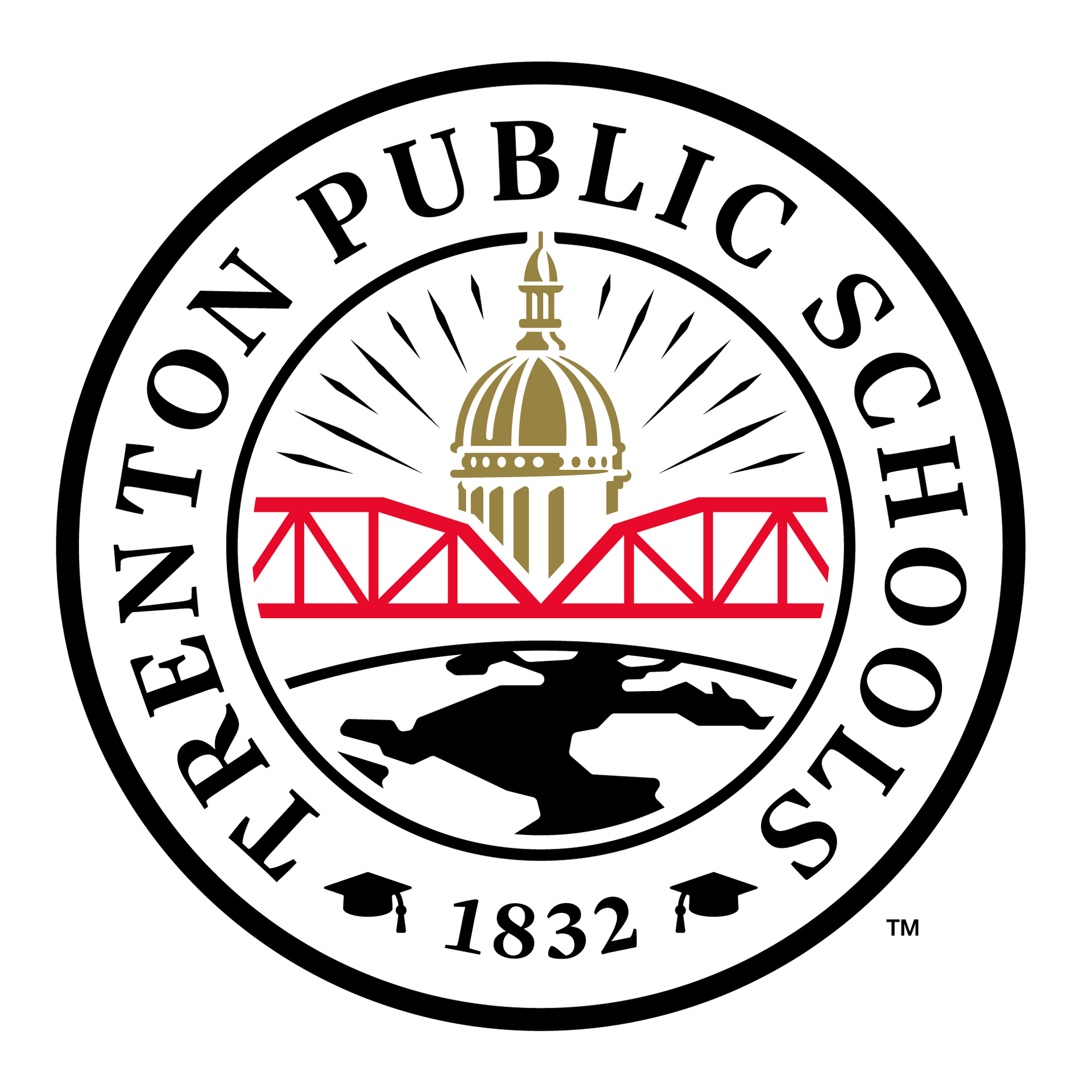 Renton Public Schools circular logo with red bridge, capitol dome, and black mountain silhouette; est. 1832