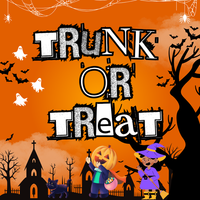 Halloween poster reading “TRUNK OR TREAT” with bats, haunted house silhouettes, and two costumed children on orange background