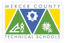 Mercer County Technical Schools logo with green, blue, and yellow geometric panels and white icons