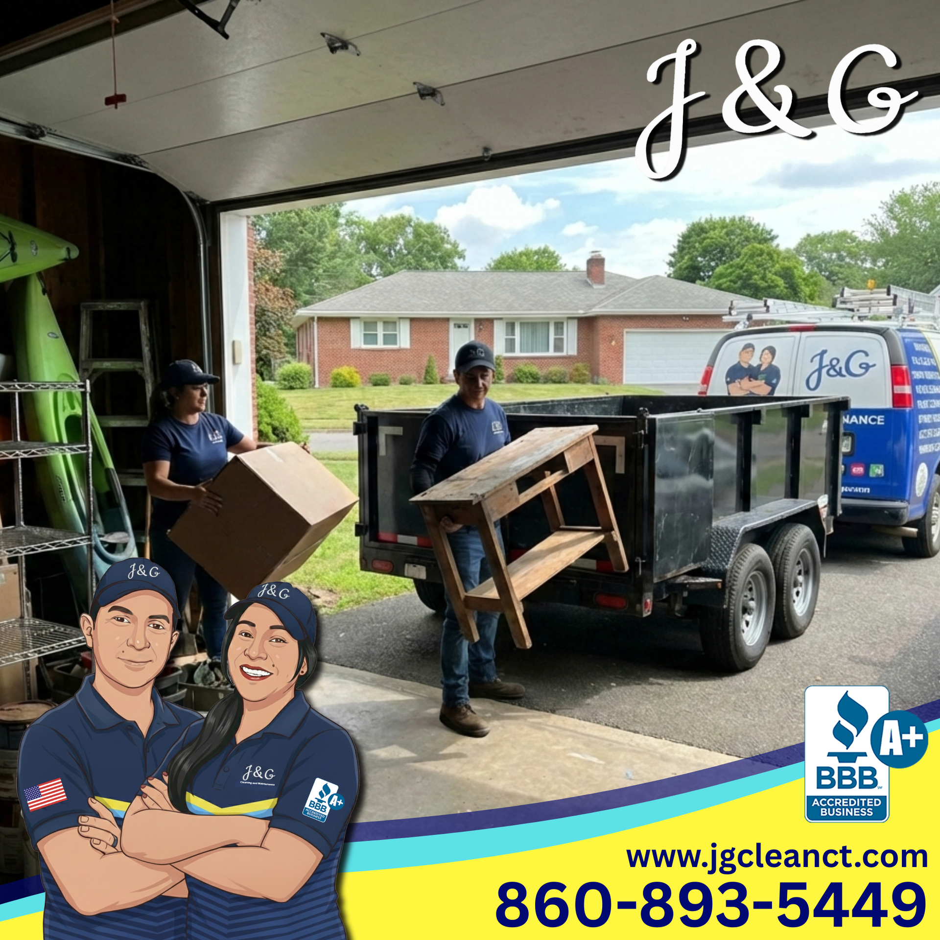 Jaime and Giselle removing heavy items during a garage cleanout in Bristol CT
