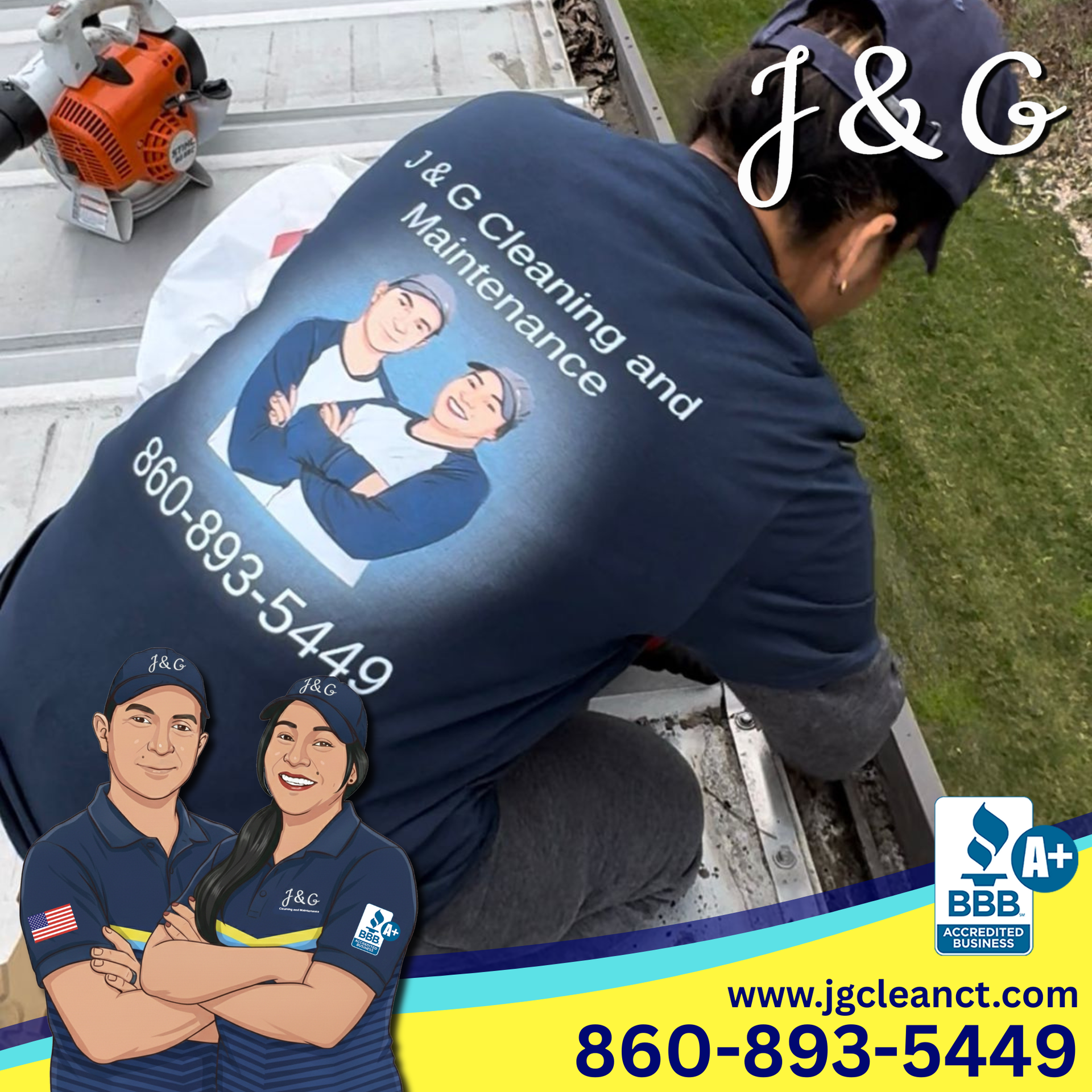 Residential gutter cleaning in Newington CT professional gutter cleaning technician working on ladder in newington ct